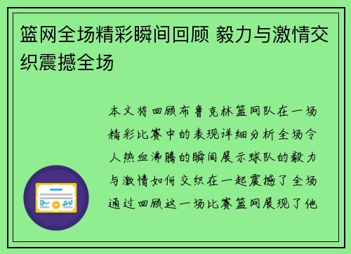 篮网全场精彩瞬间回顾 毅力与激情交织震撼全场