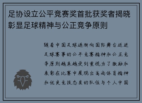 足协设立公平竞赛奖首批获奖者揭晓彰显足球精神与公正竞争原则