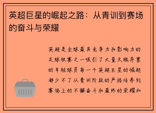 英超巨星的崛起之路：从青训到赛场的奋斗与荣耀