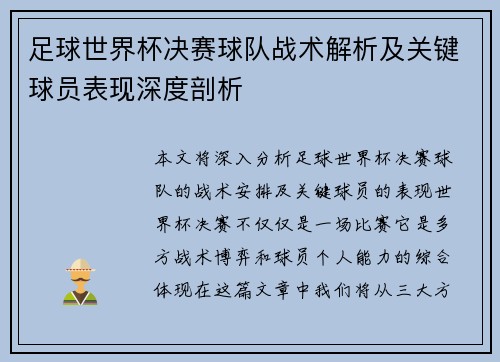 足球世界杯决赛球队战术解析及关键球员表现深度剖析